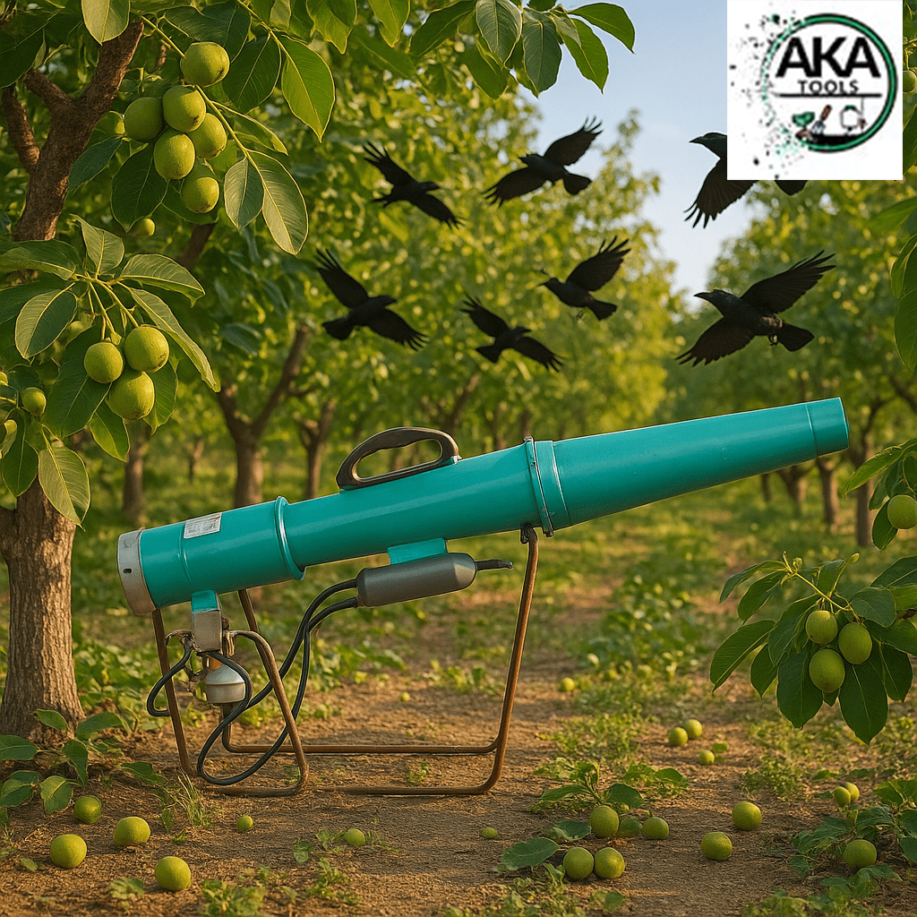 دستگاه کلاغ‌پران در باغ گردو برای جلوگیری از خسارت پرندگان